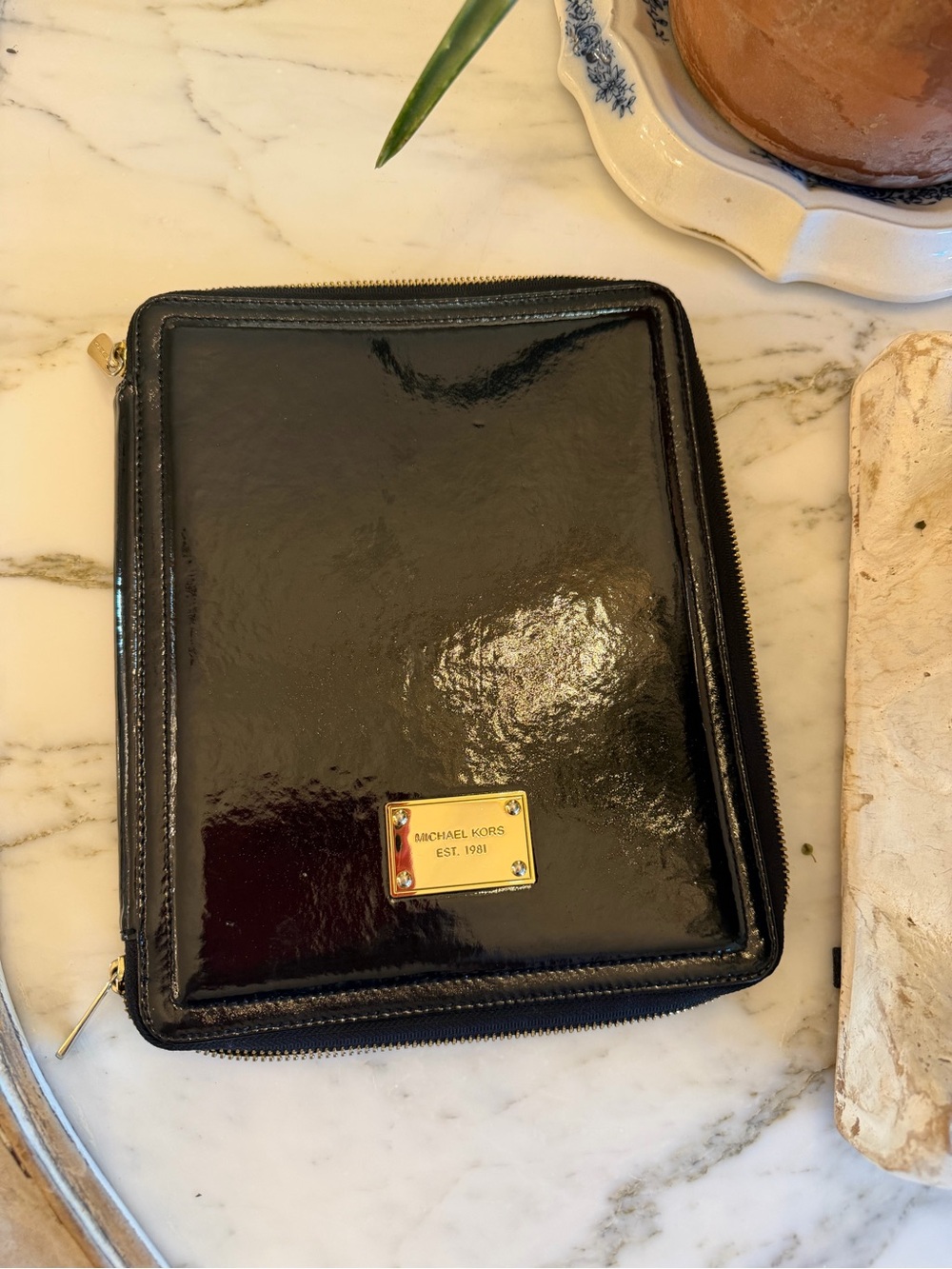 Michael Kors Black Patent Leather Zip Folio iPad Case With Gold Plate